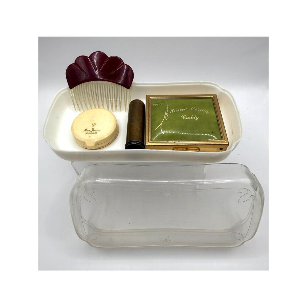 Vintage Vanity Set in Original Case W/Rouge, Lipstick, Hair Comb & Earring Caddy